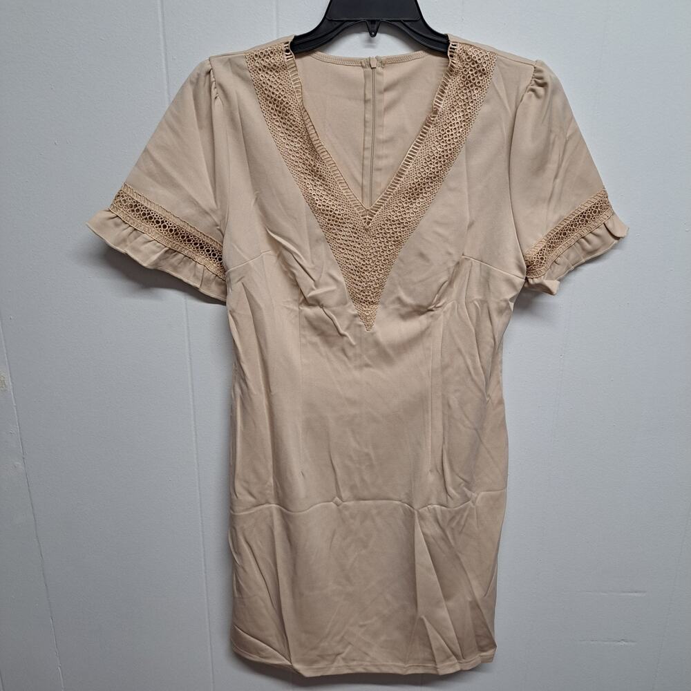 Women Dress Lace V Neck Ruffle Sleeve Casual Short Mini Dress Ligth Khaki Size L